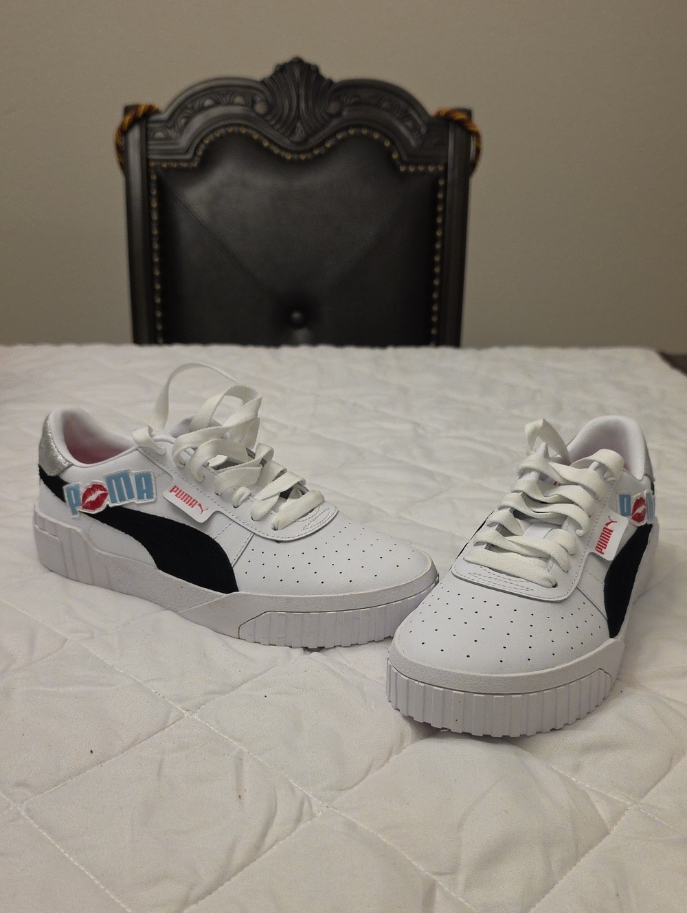 Puma Womens White Sneakers with Black Formstrip and Light Blue Logo